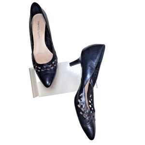 Franco Sarto Shoes 7.5M Black Leather Almond Toe Shoes 2.5" Heel Classic Slip-on